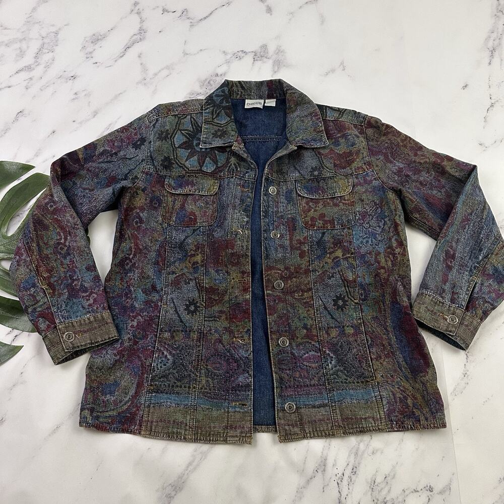 Chicos Vintage Y2k Floral Denim Jacket Size 1 S Blue Pink Paisley Jean